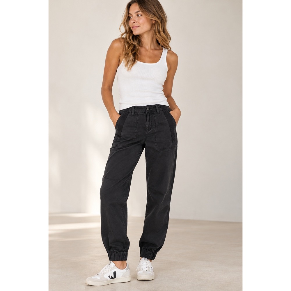 Anthropologie Black Utility Jogger Pants Size 0 Cargo Tapered Leg Cotton Tencel